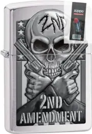 Zippo 56164 2nd Ammendment Skull Brushed Chrome Lighter + FLINT PACK