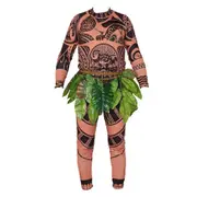 Moana Maui Tattoo T-shirt + Pants + Leaf Belt Set Halloween Adult Mens Cosplay Costume Dress Up Outfit -NMAOV L