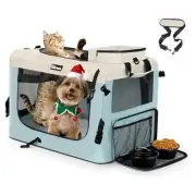 Large Cat Carrier 24"x17"x17", Soft Dog Crate with 2 Bowls, Collapsible Blue