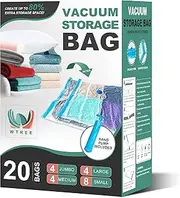 WTREE 20 Pack Vacuum Storage Bags, Space Saver Bags, Vacuum Sealed Bags for Comforters, Blankets, Clothes Storage, Hand Pump Included (4 Jumbo/4 Large/4 Medium/8 Small)