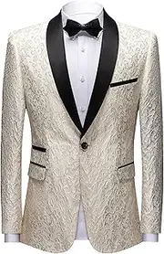 [JEShifangjiusu] Men's Jacquard One Button Suit Blazer Stylish Shawl Lapel Tuxedo Jacket for Dinner,Prom,Wedding, White, XXL