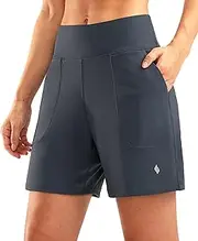 [SANTINY] Women's 6'' Athletic Long Shorts with 4 Pockets High Waisted Bermuda Shorts for Women Walking Running Casual