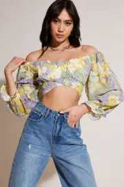 Print Crop Top Long Sleeve - Size M, Women's Cami