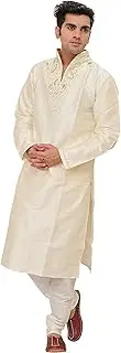 [Exotic India] Ivory Wedding Kurta Pajama Set with Hand-Embroidered Pe - Off-White