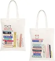 Oudain 2 Pcs Book Tote Bags, Canvas Library Book Bags, Aesthetic Reusable Cute Portable Gift Bag for Book Lovers, Washable Book School Shoulder Bag Grocery Shopping Bags for Girls Women, Main White,