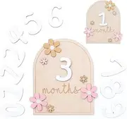 Baby Monthly Milestone Cards with Numbers and Flowers, Wooden Photo Props