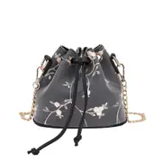 2Pcs Casual PU Shoulder Bag Printed Flower Ladies Handbag Mesh Messenger Bag (Black)