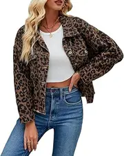 [POHADON] Womens Leopard Print Denim Jacket Trendy Long Sleeve Cropped Loose Fit Button Down Cheetah Y2k Streetwear