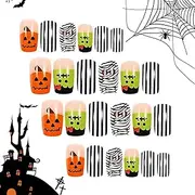 Halloween Press Nails | Scary Pumpkin Nails,Short Glitter Press Nails Mummy and Bat Halloween Fake Nail Glue Nails for Nail Arts Decoration