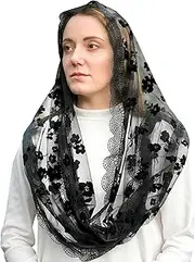 [Bozidol] Traditional Vintage Inspired Black Flocked Flower Lace Infinity Chapel Veils for Church Catholic Mantilla Veil Latin Mass Head Covering, Black, One size