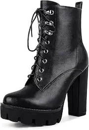 [wetkiss] Platform Boots for Women, Heeled Combat Boots Chunky Heel Booties Round Toe Lace Up High Heel Ankle Boots