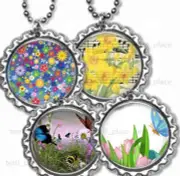 Flower Power Bottle Cap Necklace & 24" Chain Kids Bottle Cap Jewelry Butterflies