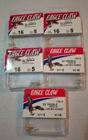 EAGLE CLAW (5 PACKS) Curved Point 2X Treble Hook Lure Repla Gold #16 5pc 376A-16