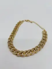 Ladies GOLD Tone ANKLET Cuban Chain Link Pave Simulated DIAMOND Iced Out Bling