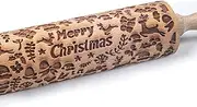 Christmas Wooden Rolling Pin for Baking Engraved Embossing Rolling Pin Cookie Stamps Roller Square Grid Cookies Mold Kitchen Decor Tools for Baking Embossed Cookies (Merry Christmas)