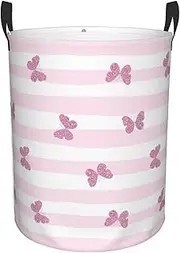 [AFHYZY] Butterfly Laundry Hamper Large Collapsible Laundry Baskets with Handles Easy Carry Round Storage Basket Dirty Clothes Hamper Blanket Basket for College Dorms Bedroom Toy (S)-Pink