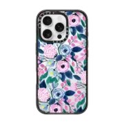 iPhone 16 Pro Impact Case Girly Pink Navy Blue Watercolor Flowers Roses Leaves Pattern Clear