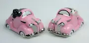 Adorable Black & White Poodles Driving Pink Roadster Car Salt & Pepper Shakers