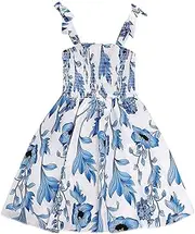 [Generic] Girl's Casual Dress Summer Neck Sleeveless Suspender Blue Floral Flowy Print Plain Dress 2t Fall Girl Clothes