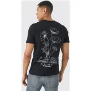 Mens Black Slim Stencil Floral Back Printed T-Shirt