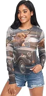 [RPLIFE] Highland Cattle Driving Car Mesh Shirt Long Sleeve, Womens Sheer Top S-XXL