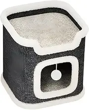 Foldable Cat House with Hanging Toy&Scratch Pad, Portable Cat Cube House, Breathable Ventilated Cat Apartment, Mutifunction Bed for Small Pet (Grey, 35 * 35 * 35 CM)