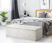 OIKITURE Storage Ottoman Bench with Hinges, Foot Stool with Lift-up Seat, Large Storage Ottoman with Foam, Ottoman Footrest for Bedroom, Dorm, Living Room, Blanket Box Chest, Beige