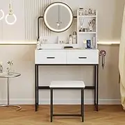Advwin Dressing Table with 360°Adjustable Mirror, Power Outlet and 3-Color LED Light, Makeup Vanity Desk Stool Set with 2 Drawers, 2 Trays and 3 Shelves for Bedroom (White Black)