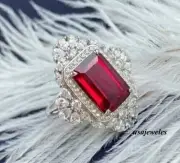 3CT Emerald Cut Real Red Garnet 14K White Gold Finish Engagement Jewelry Ring