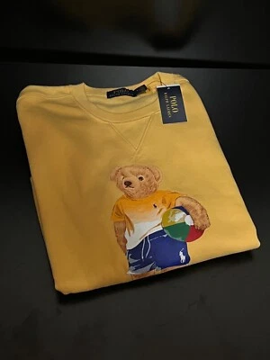 NEW Polo Ralph Lauren Tropical Beach Surfer Bear Yellow Crewneck Sweatshirt