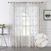 Tollpiz Floral White Sheer Curtain Flower Print Vine Embroidery Bedroom Curtains Rod Pocket Voile Window Curtain for Living Room, 54 x 84 inches Long, Set of 2 Panels