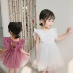 夏季兒童女孩洋裝網紗蕾絲白色紫色洋裝禮服宴會禮服度假禮服身高 80-120CM