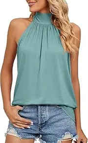 [Generic] Womens Sleeveless Tank Halter Tops Casual Bow Loose Vest Solid Basic Lightweight Tie Back Mock Neck Shirts
