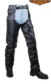 Unisex Black Cowhide Leather Motorcycle Touring Biker Chap With Deep pocket