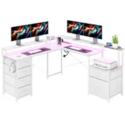 Advwin L Shaped Gaming Desk with LED Lights & Power Outlets Convertible Corner Computer Desk with Monitor Stand, Printer Storage Shelf and Drawers White