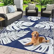 Outdoor Rug 9 x 18 Modern Plastic Straw Rug Tropics Palm Leaves Camping Rug for Patio, Large Floor Cover for Outside, Reversible Mat for Patio RV Porch Deck Balcony, Blue White