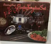 Vintage Party Fondue Set Stainless Steel With Rosewood Handle & 6 Forks