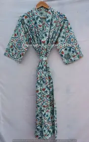 Floral Print Robe Full Length 3/4 Sleeves Yellow 100% Cotton women Kimono Dress