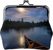 [JEJEA] Moonlit Canoe Allagash River Print Coin Purse, Portable Fiber Leather Coin Purse Mini Change Purses for Women, Black, One Size, Coin Pouch
