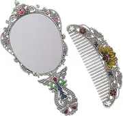 SOESFOUFU Vintage Metal Makeup Mirror Comb Small Compact Handheld Mirror Foldable for Women Girls Travel