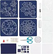 FREEBLOSS 4 Set DIY Sashiko Coaster Kit Full Sashiko Kit Beginner Embroidery Kits Plant DIY Coaster Set with 4 Sashiko Samplers Japanese Embroidery Kits for Adults Hand Sewing Kit