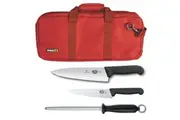 4pc Chef Starter Knife Set Red Bag & Victorinox 15cm Cook & 20cm Knives & Steel