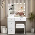 6 Drawers Dressing Table White Vanity Make up Desk w/ Stool Mirror 10 LED Bulbs