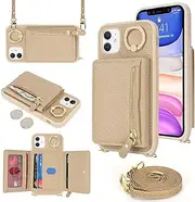 for iPhone 11 Crossbody Case with Card Holders Money Slots Zipper Coin Purse Rotatable Ring Kickstand Cover Wristlet Strap Lanyard Litchi Leather Wallet Flip Cover for iPhone11 Cream