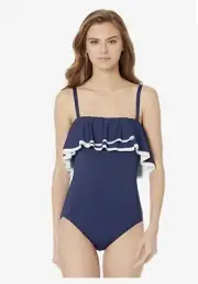 COCO REEF Contours Keepsake Agate Ruffle Bandeau One Piece Blue Swimsuit 10/34D