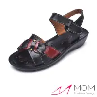 在飛比找momo購物網優惠-【MOM】真皮蝴蝶結緞帶造型舒適魔鬼黏平底涼鞋(黑)
