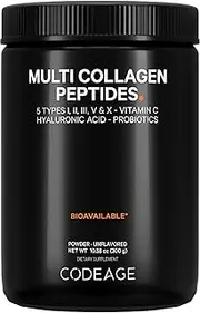 [Codeage] Multi Collagen Peptides + Probiotics Black Edition, Vitamin C, Hyaluronic Acid Powder Supplement, Grass-Fed, Pasture-Raised, Zero Carbs, Hydrolyzed Type I, II, III, V & X, Unflavored, 10.58 oz
