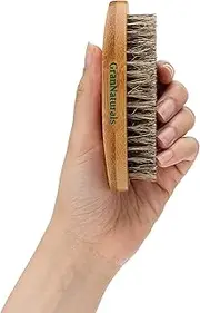 GranNaturals Military Style Boar Bristle Hair Brush for Men and Boys - Palm Size Hairbrush and Beard Brush for Grooming Thin, Fine, Facial and Short Hair - Soft Bristle Slick Back & Smoothing