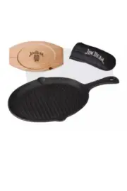 Jim Beam Cast Iron Skillet Set Wood Trivet and Logo Handle Mitt NEW