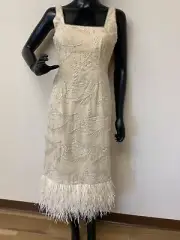 Aidan Mattox Women's Champagne Square Neck Sleeveless Zippered Feather Dress NWT